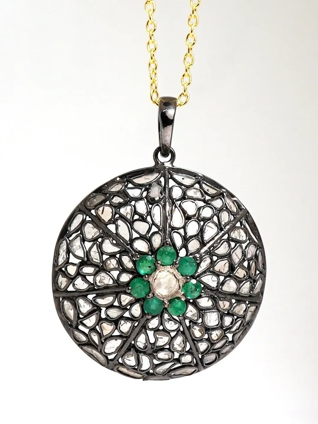 Natural Emerald Pendant, Polki Diamond Pendant, Uncut Diamond Pendant, 925 Sterling Silver Pendant, Antique Pendant, Victorian Jewelry