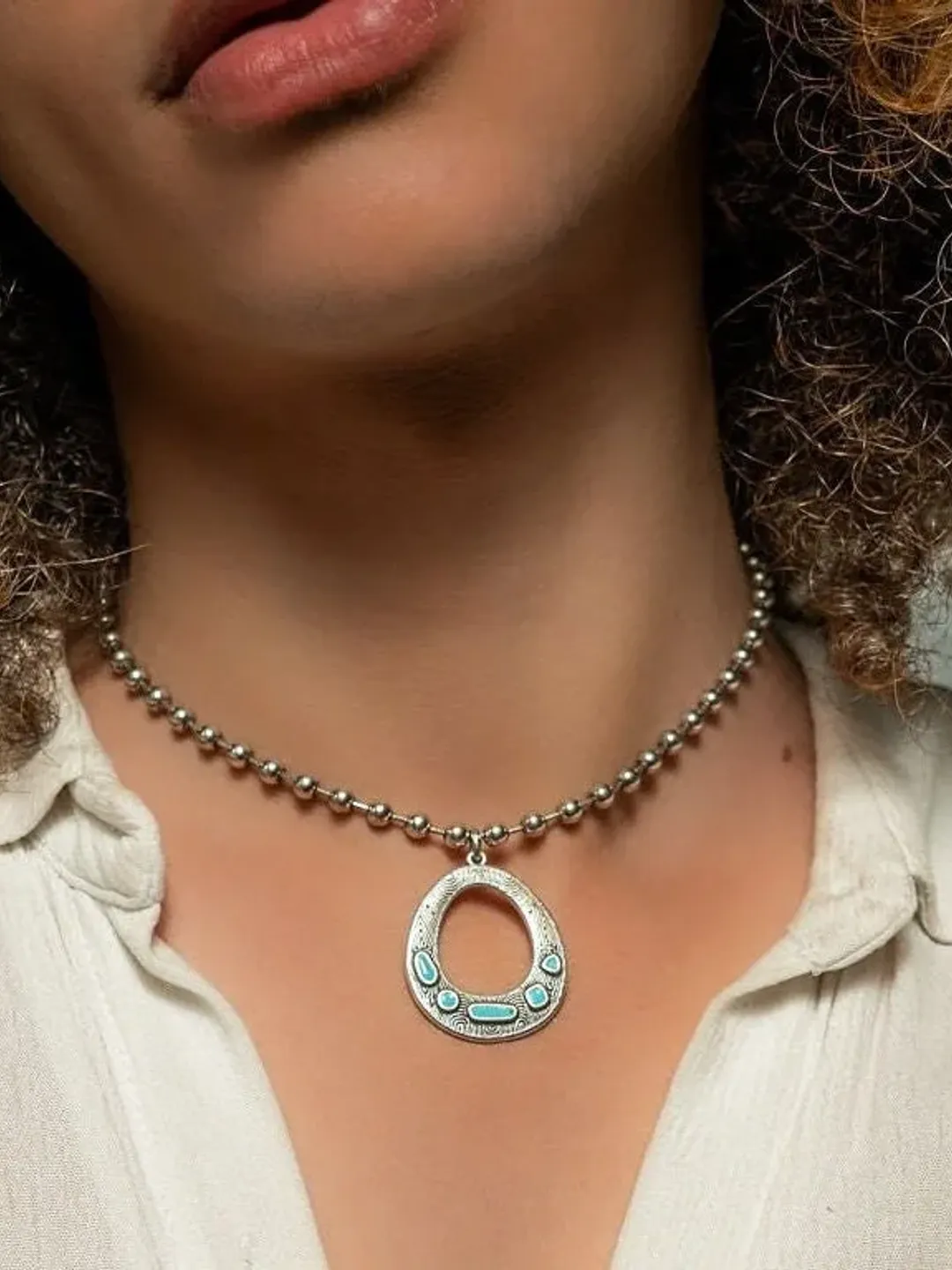 Turquoise Teardrop Necklace with Silver Ball Chain | Ethnic Oval Pendant Necklace | Unisex Bohemian Turquoise Jewelry | Gifts for Her/Him