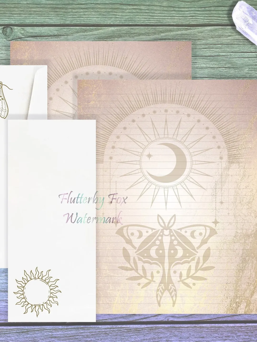 Gold Moth Stationery Set | Moon Moth Writing Paper | Witchy Paper Set | Moth Letter Paper | Moth Page Set | Sun Moon Stationery Set