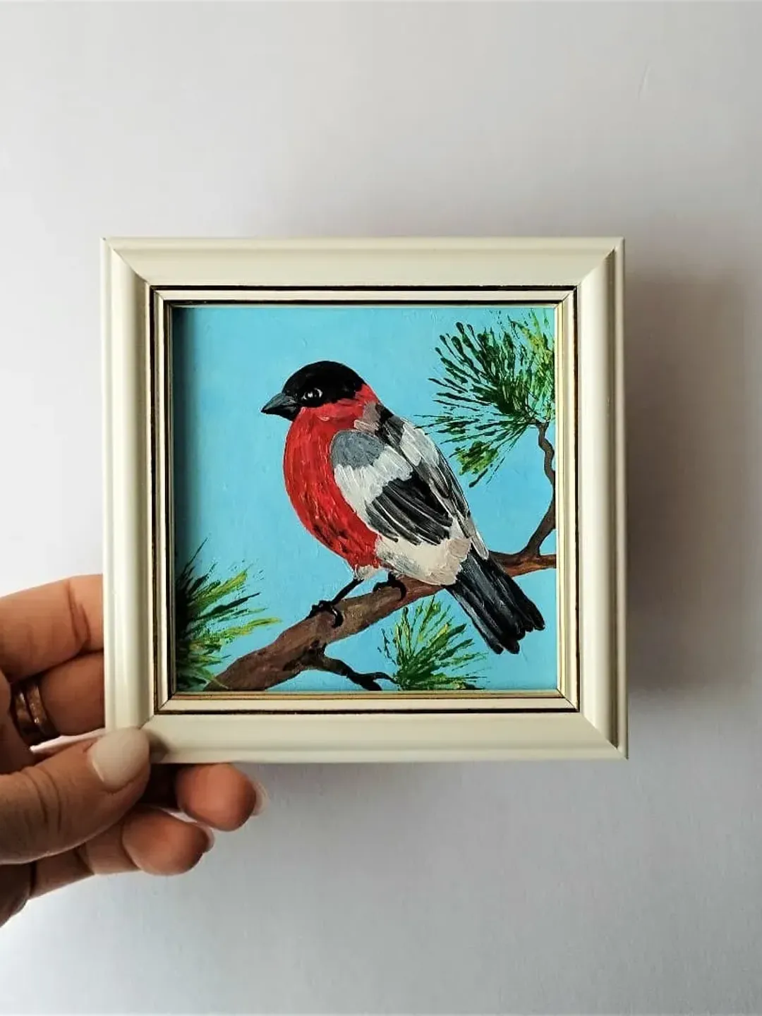 Little bird painting, Bird pictures wall decor, Bullfinch painting very small wall art
