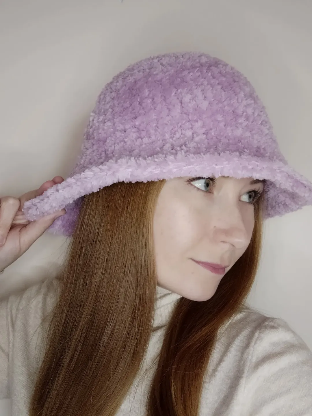 Furry bucket hat crochet. Warm knitted bucket hat for women.