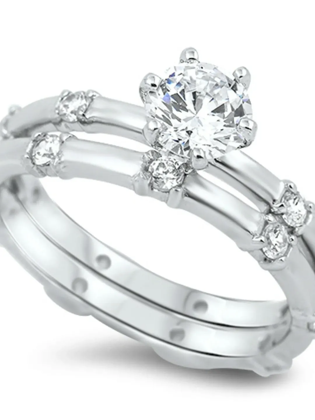 Wedding Ring Set, Sterling Silver, 2 Rings, Round Cubic Zirconia, Engagement Ring, Promise Ring, Bridal Set Ring for Women, Size 5 to 10