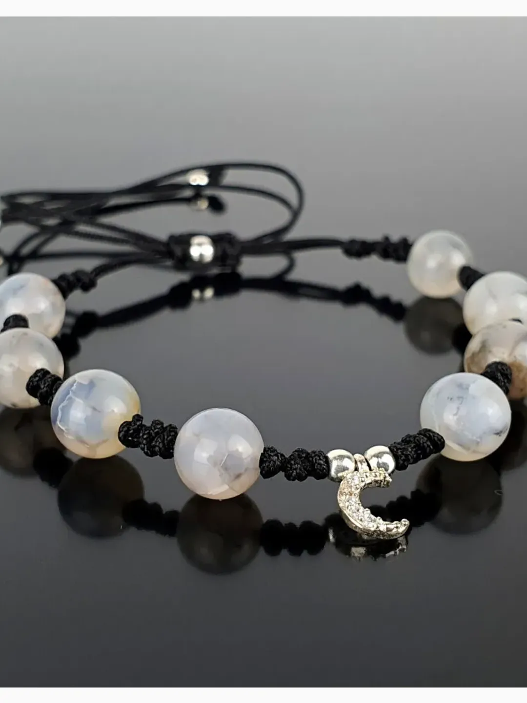 White Spider Agate Bracelet, Silver New Moon Pendant, 925 Sterling Silver Accessory, Halloween Jewelry, Gifts for Women, Dragon Vein Agate