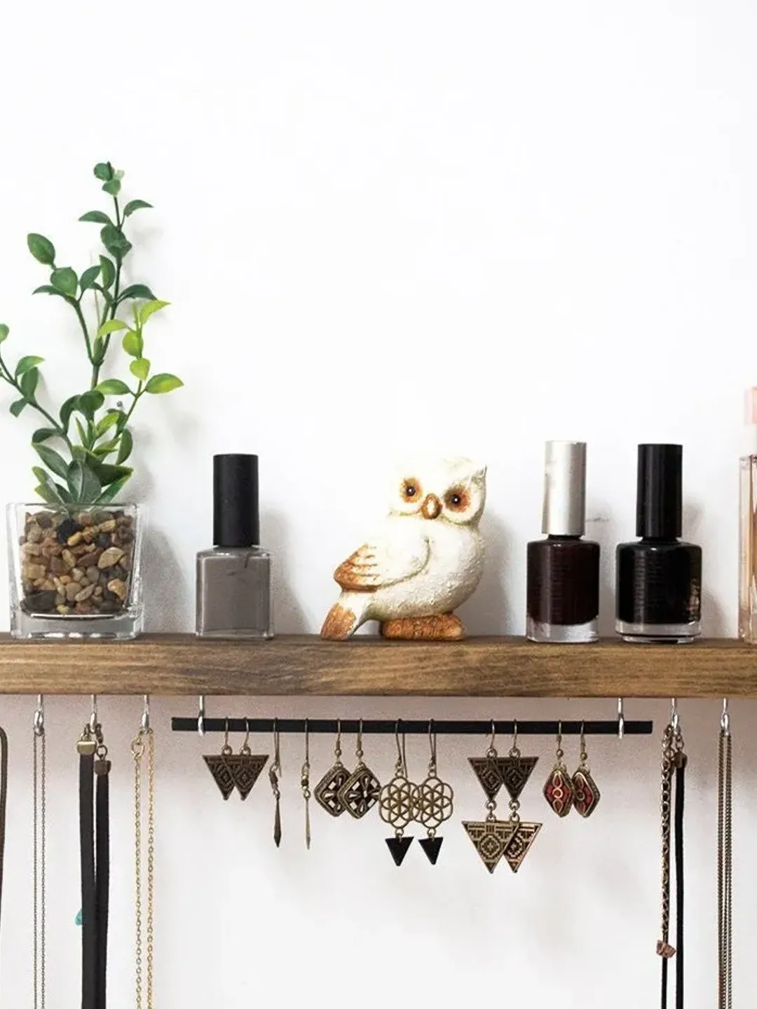 Wall Necklace Wood Holder With Shelf / Earrings Holder / Jewelry Storage / Solid Wood Shelf with Metal Hooks / Jewelry Organizer