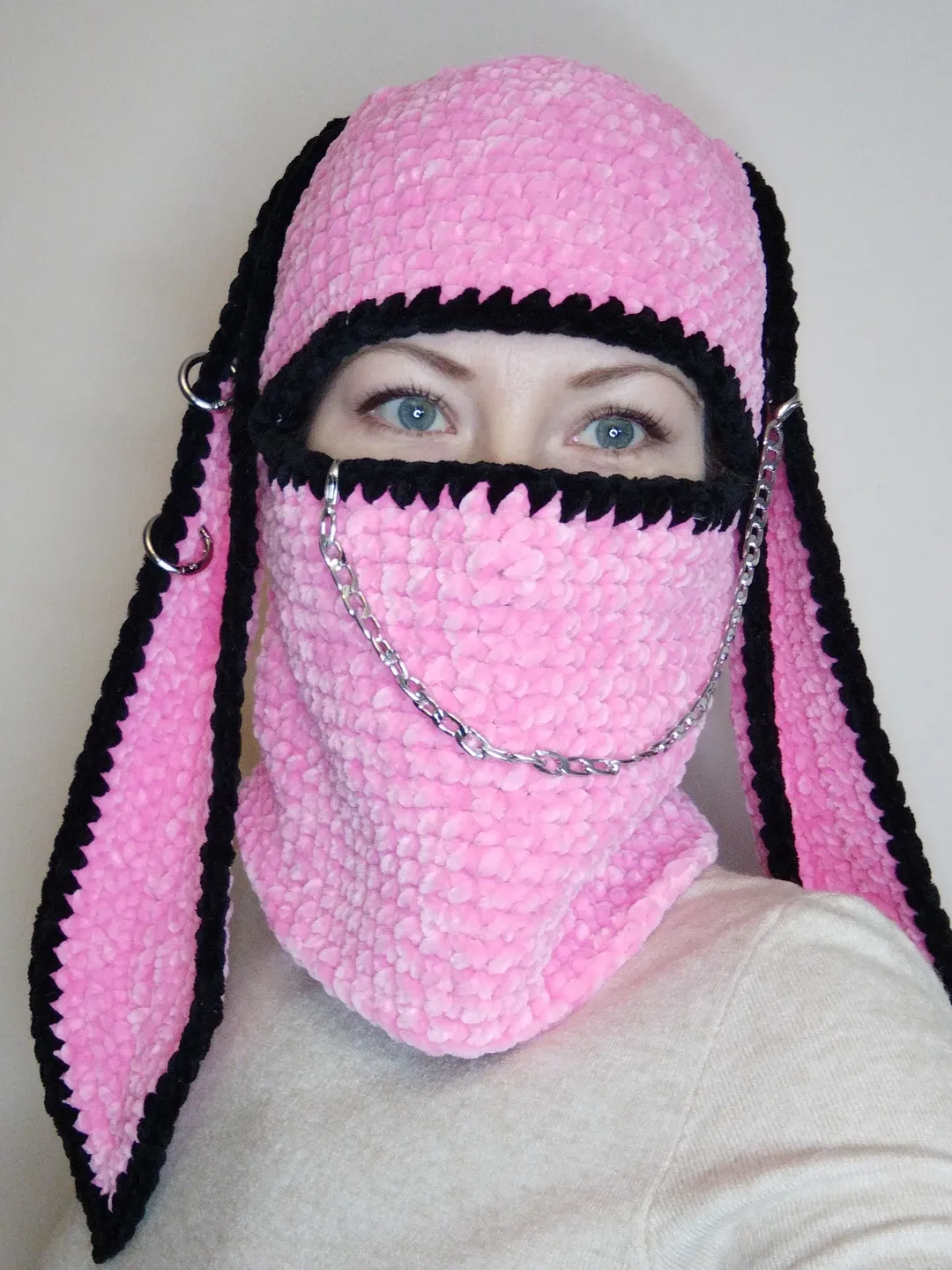 Pastel goth bunny balaclava pink black Kawaii bunny hat adult Teens gift idea Pink bunny hat goth