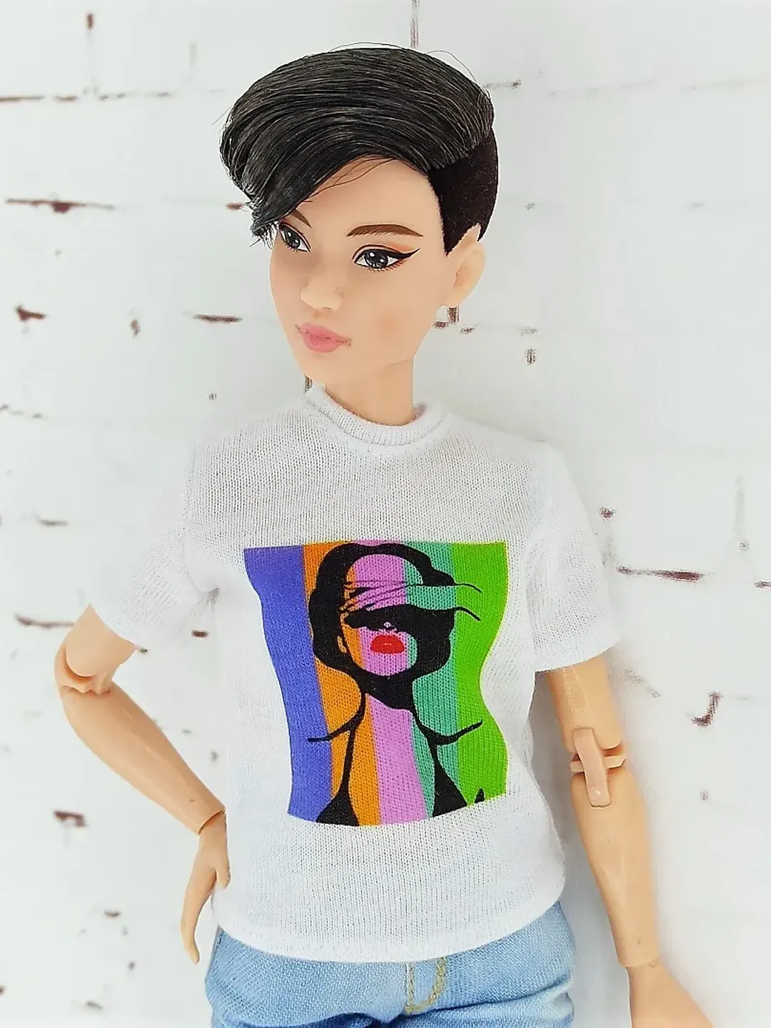 White T-shirt with print for Barbie doll and other similar dolls (First set)