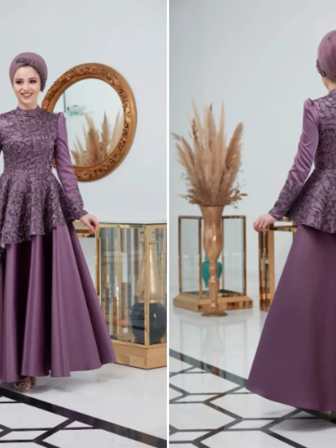 Hürrem Lavander Satin Embroidered Ahunare Wedding Dress, Muslim Evening Gown, Nikah, Islamic Wedding, Engagement, Bridesmaid, Maxi Dress