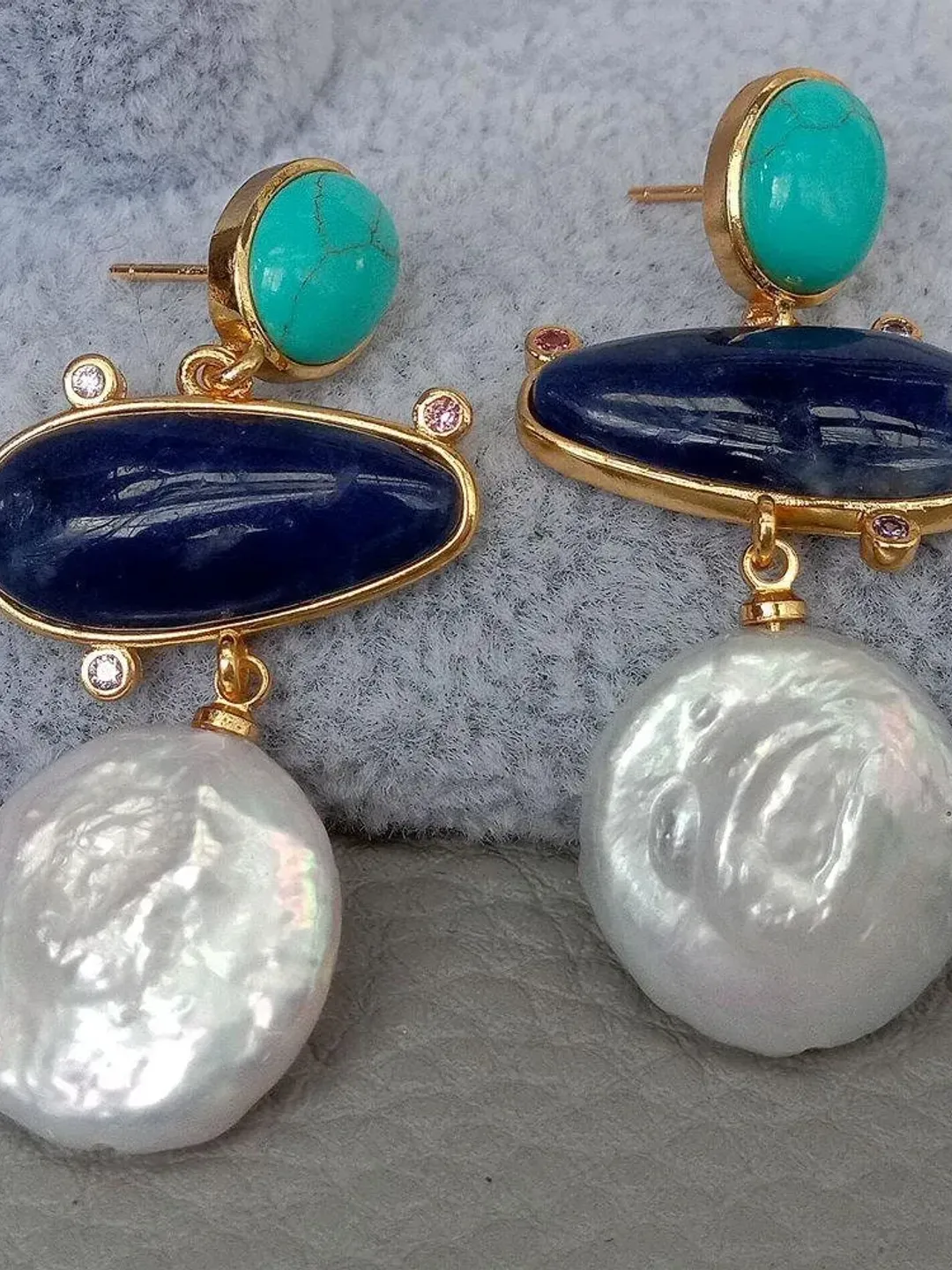 Turquoise Earrings, Pearl Earrings, Turquoise and Pearl Earrings, Gold Plated Turquoise Earrings