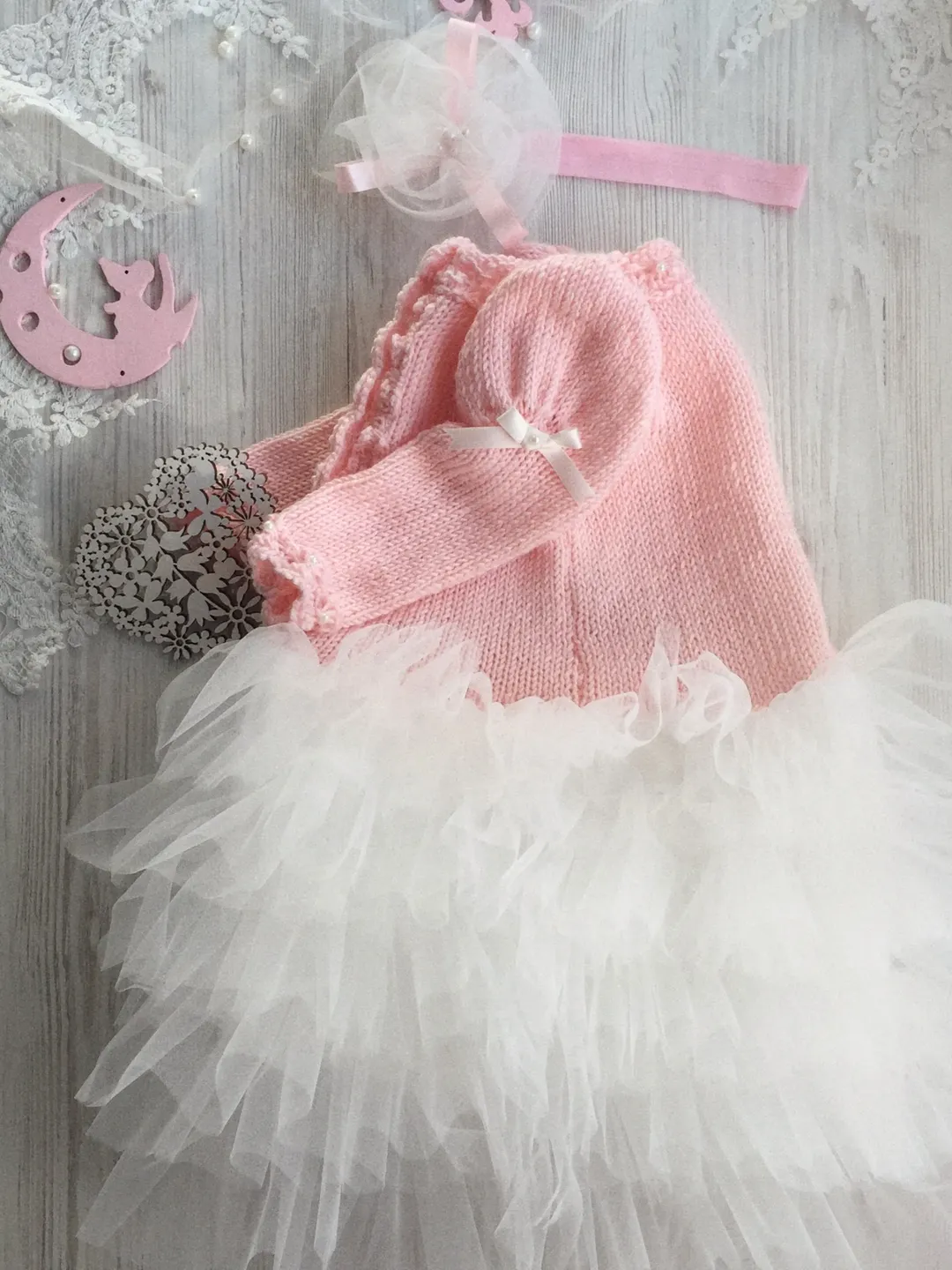 Knitting dress for baby girl. Dress for first birthday. Dress with headband. Dress for girl. Pink dress. First birthday dress. Tutu dress.