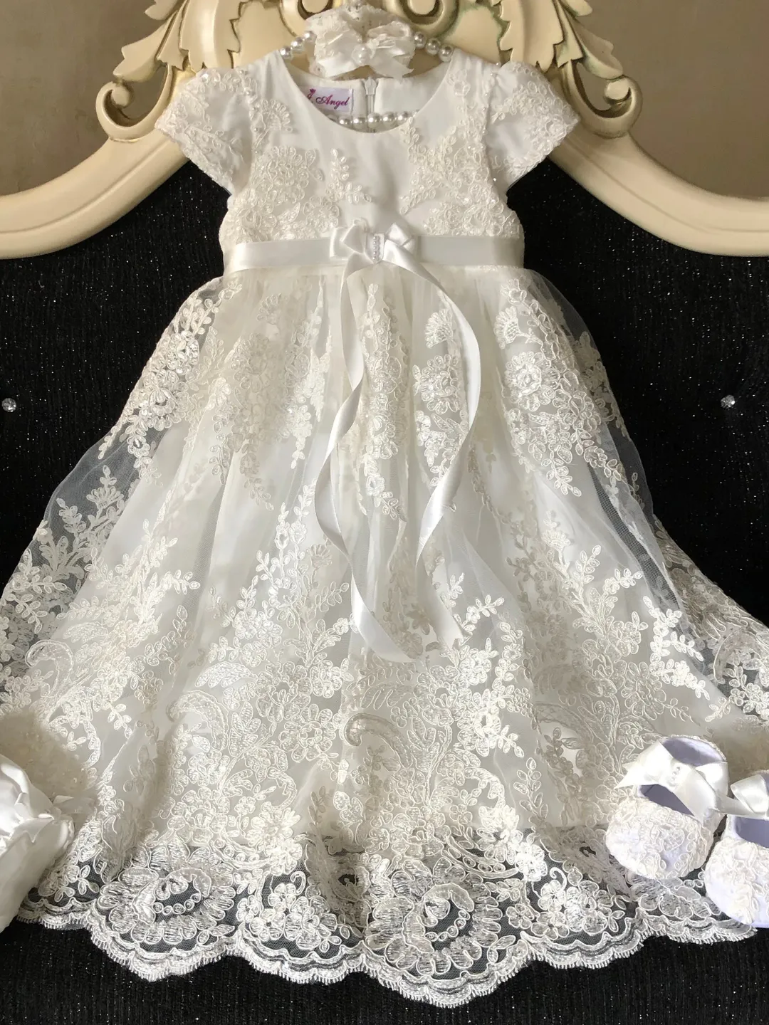 Baptism outfit for girl. Christening gown for girl. Dress with lace. Dress, panties, booties and headband. White clothing set for baptism.