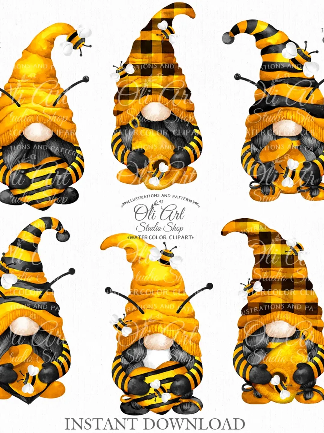 Bee Gnome Clip Art. Cute Characters, Hand Drawn graphics. Digital Download. OliArtStudioShop