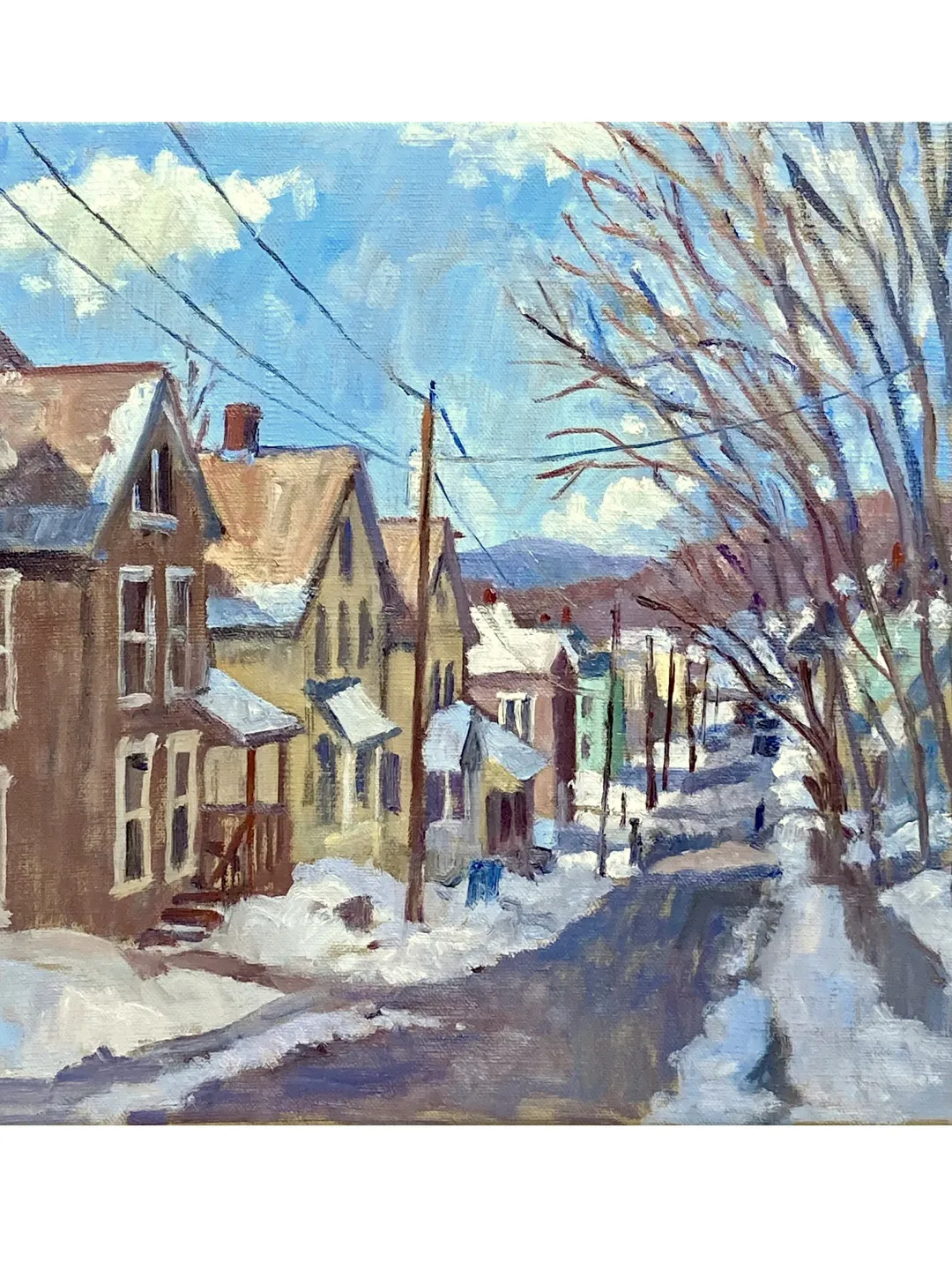Original Winter Landscape Painting - February Light/North Adams- 12x12 Oil on Canvas, Plein Air Impressionist Snow Scene, Original Cityscape