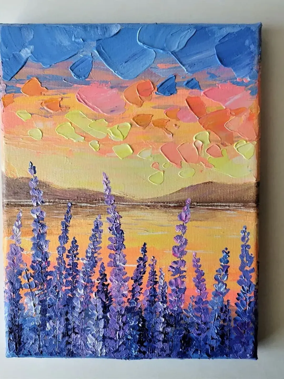 Bright Acrylic Painting of a Sunset on the Lake Landscape Art