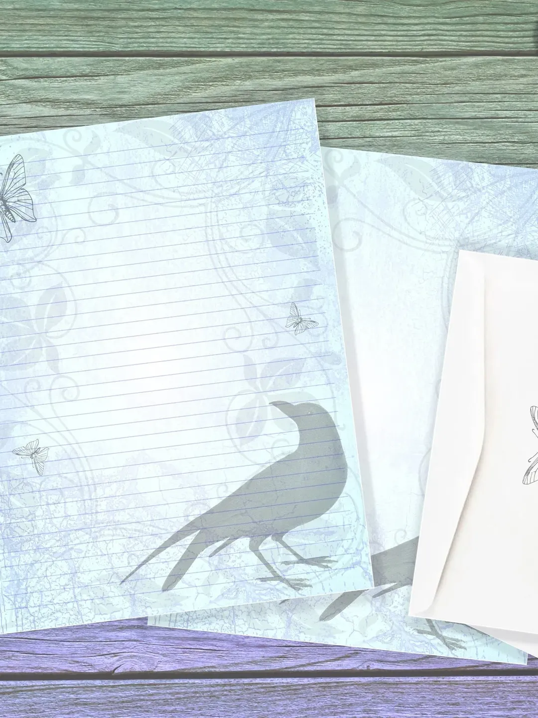 Butterfly and Crow Writing Paper | Raven Stationery Set | Blackbird Letter Paper | Raven Envelope | Butterfly Pages | Blue Stationery