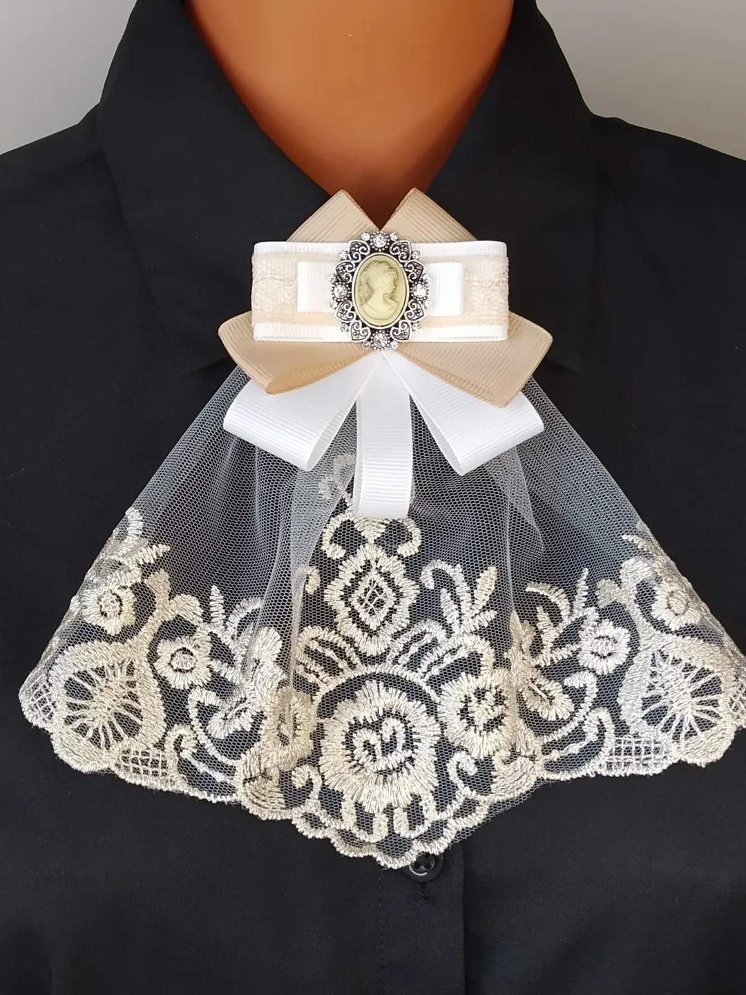 Lace jabot Victorian inspired White golden beige bow tie brooch with cameo for women