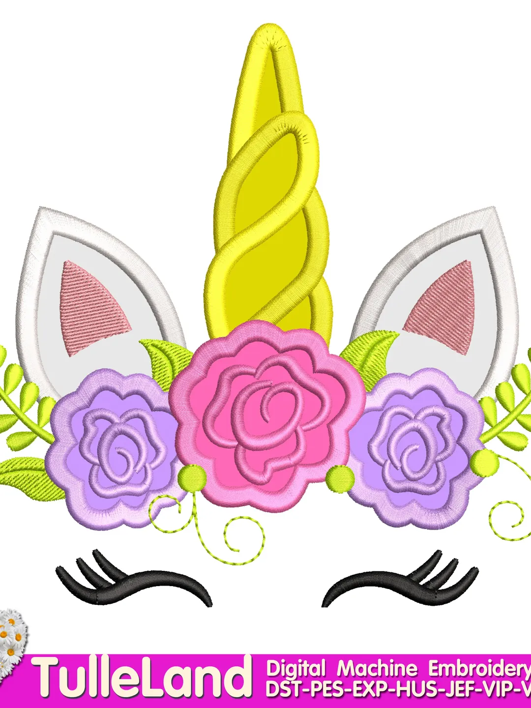 Cute Unicorn Face with flowers Floral Unicorn Design Applique for Machine Embroidery
