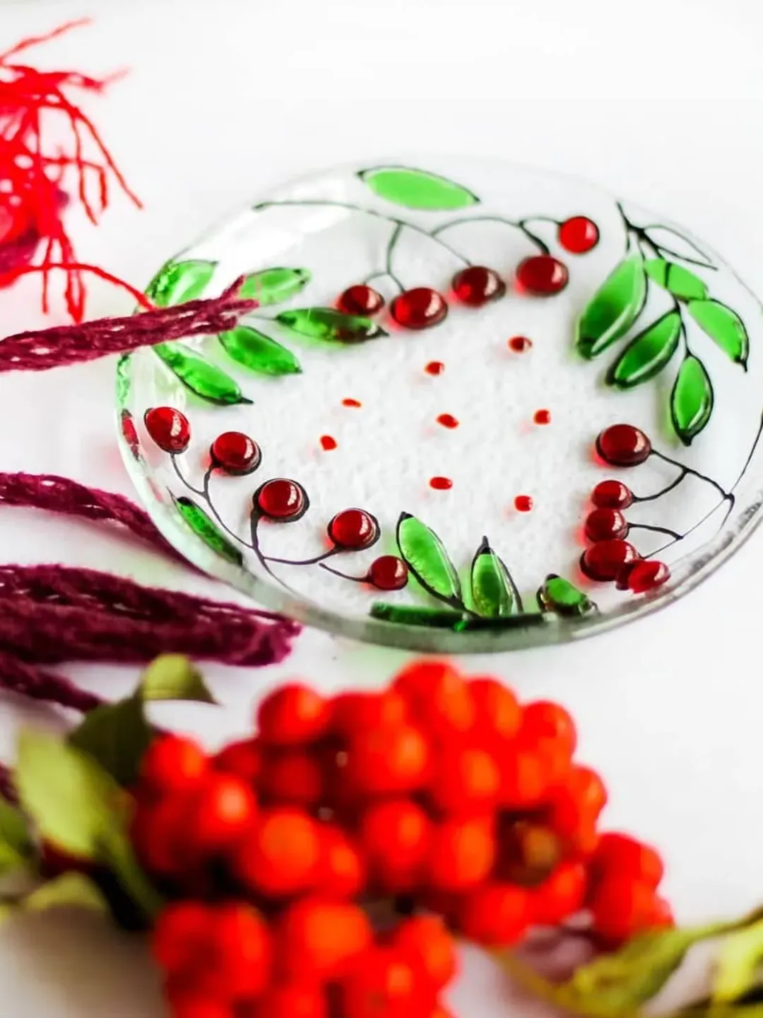 Fused glass small plates with autumn rowan berries for cake or dessert plates