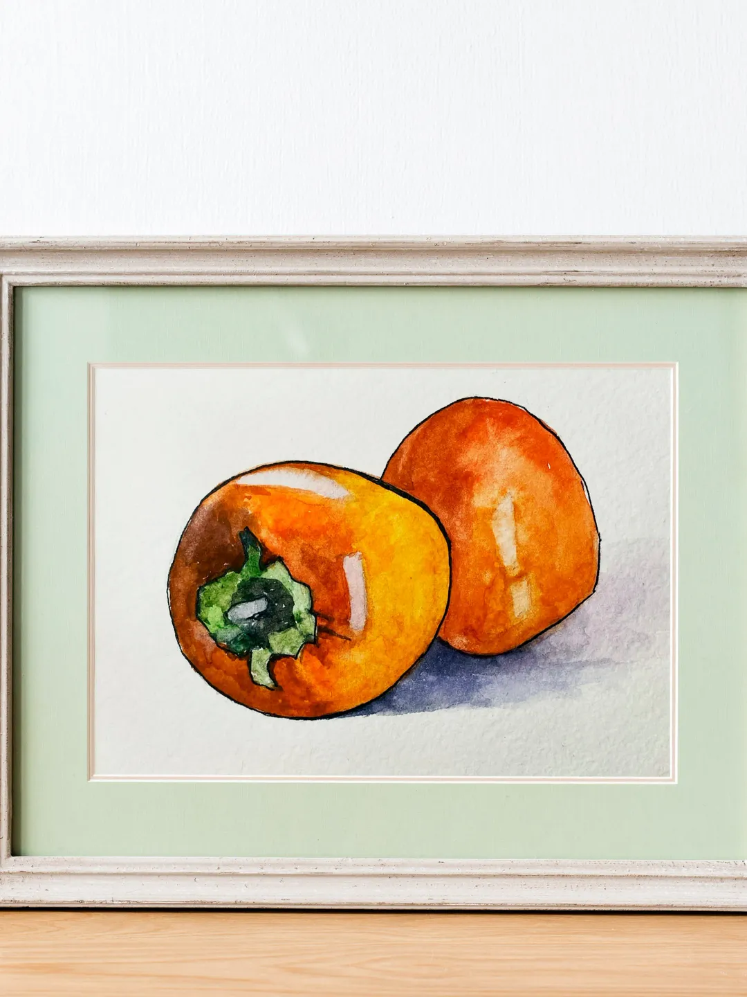 Persimmon fruit painting , original watercolor art, Small Artwork 4x6 inches