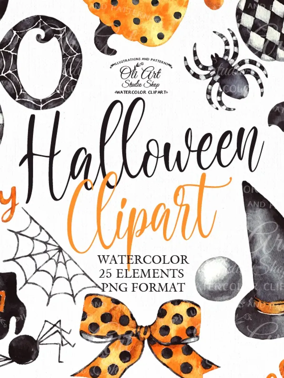 Happy HALLOWEEN clipart. Watercolor Fall, Halloween, Hand painted clipart 25 elements PNG. OliArtStudioShop