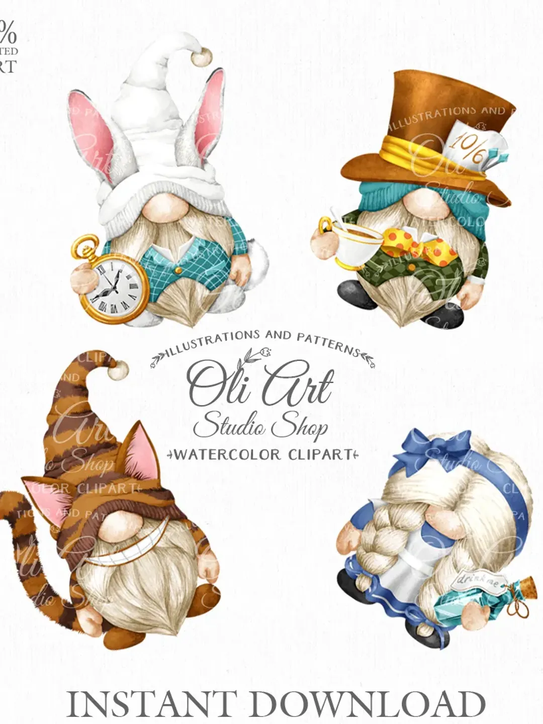 Alice in Wonderland gnomes. Digital Clipart, Hand Drawn Graphics, Instant Download. Digital Download. OliArtStudioShop