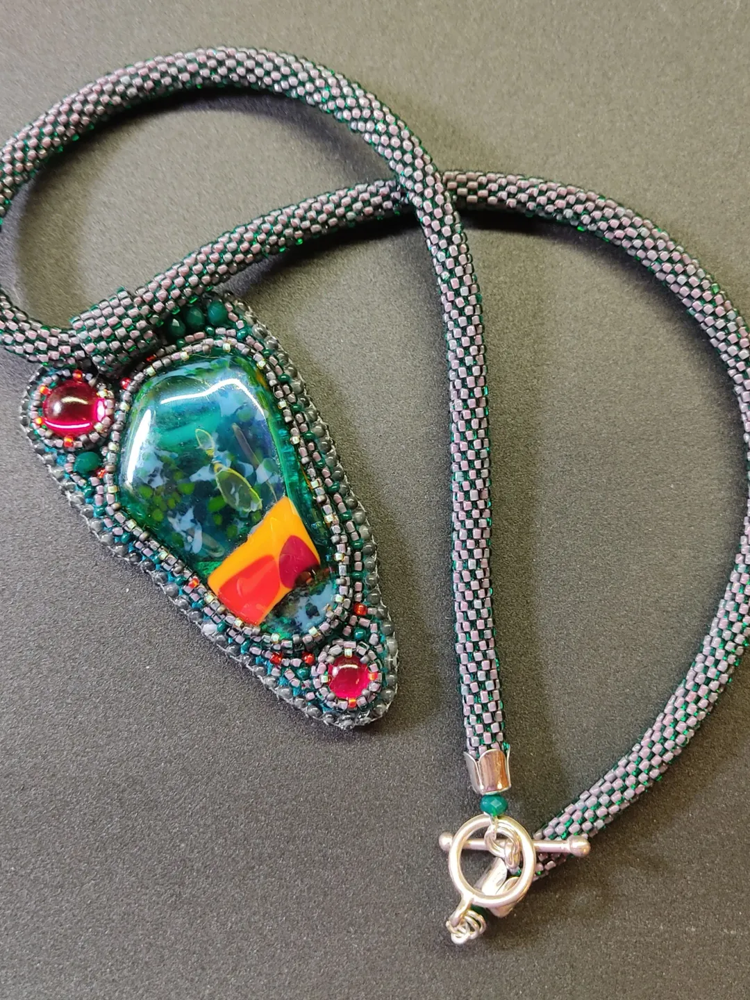 Embroidered abstract necklace beaded pendant glass lampwork green necklace