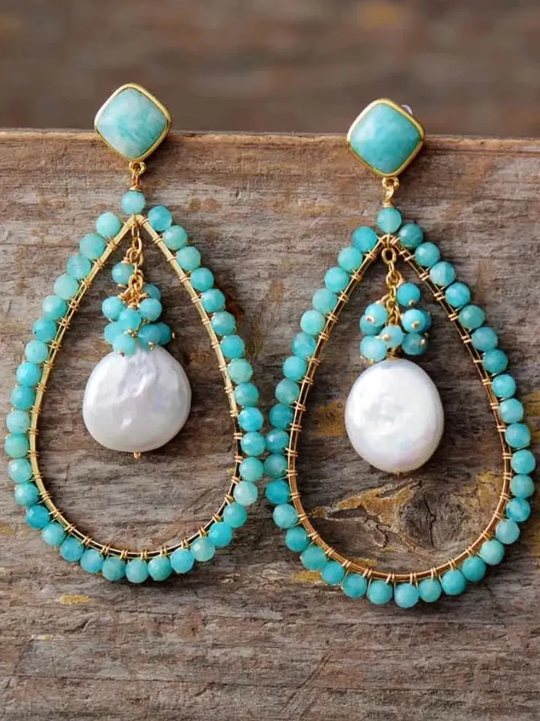 Amazonite Earrings, Amazonite Teardrop Earrings, Amazonite and Pearl Earrings, Amazonite Jewellery, Green Teardrop Gemstone Earrings, Boho