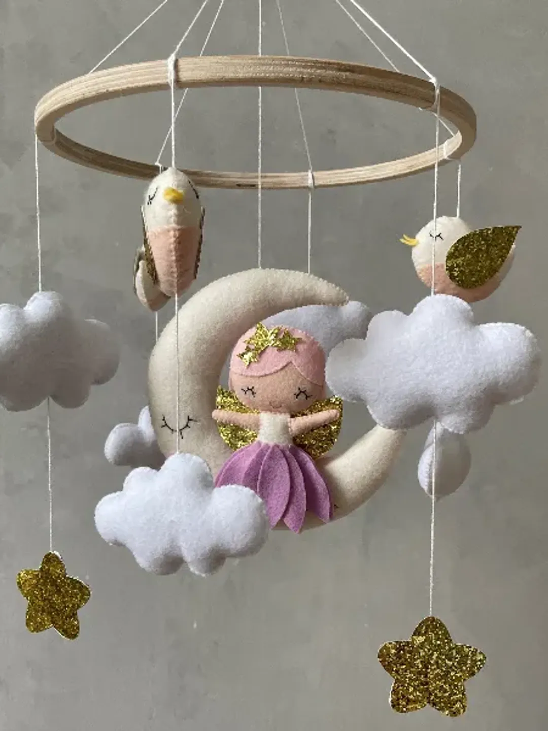 Fairy on the moon and birds nursery baby mobile girl. Musical crib mobile girl. Fairy nursery decor. Baby shower gift