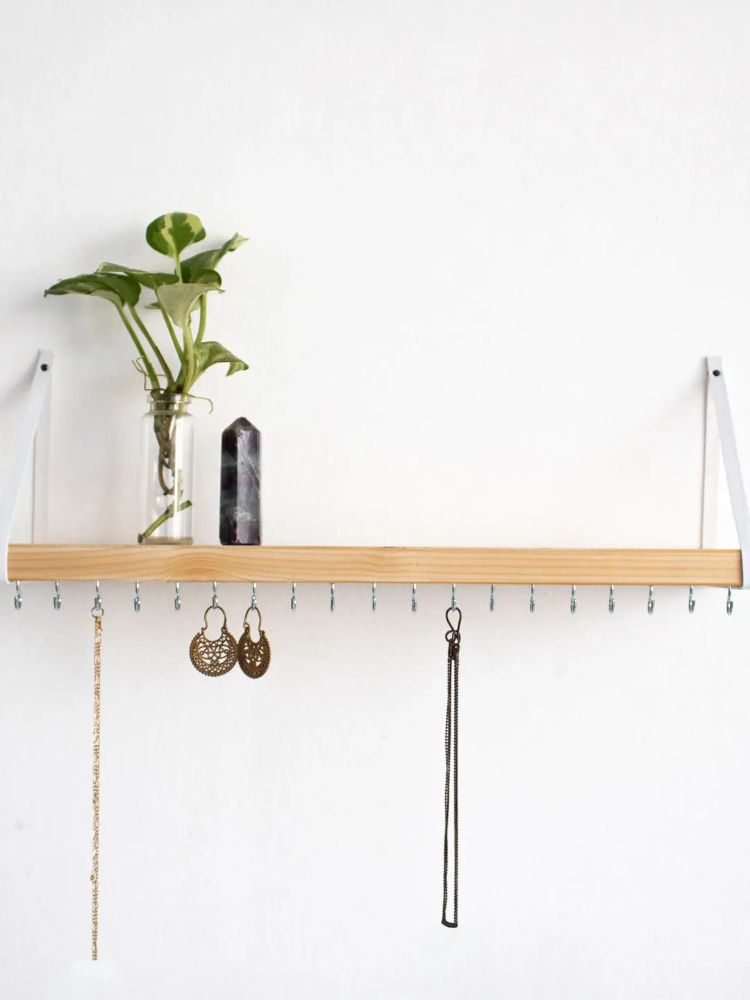 Wall Necklace Wood Holder With Shelf, Earrings Holder, Jewelry Storage, Jewelry Wooden Shelf With Metal Hooks, Jewelry Organizer