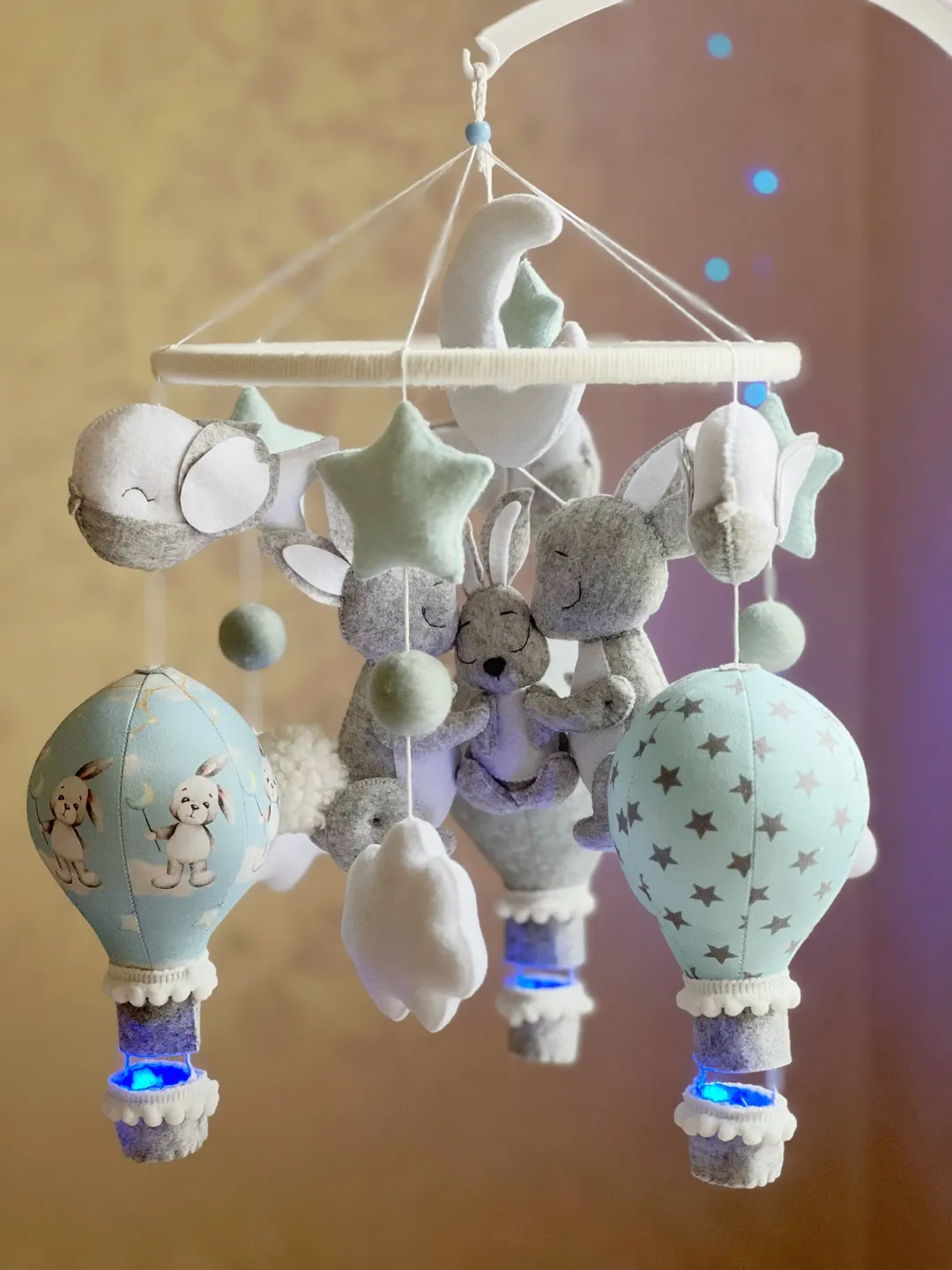 Crib mobile, Musical mobile, Hot air balloon mobile, Baby boy mobile, Baby shower gift, Blue mobile, Bunny mobile rabbit