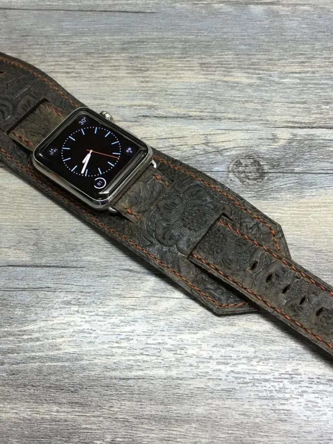 Leather Engraving Apple Watch Band in Brown Genuine Leather fits Apple Watch 45mm 44mm Series 7, iWatch 41mm Handmade Personalise Gift Ideas