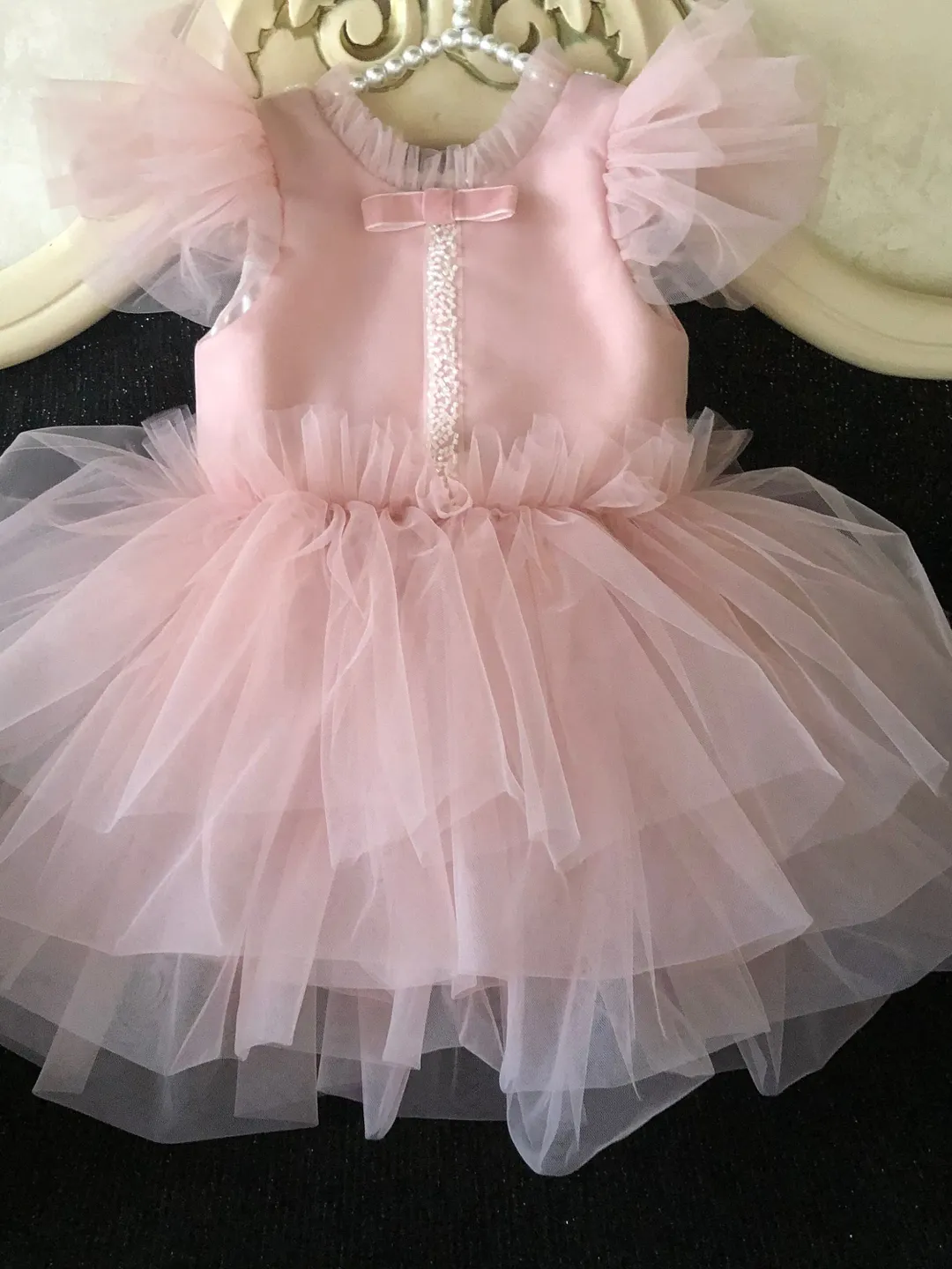 Blush pink dress with pearls for baby girl. Tutu dress for baby girl. First birthday dress. Flower girl dress.