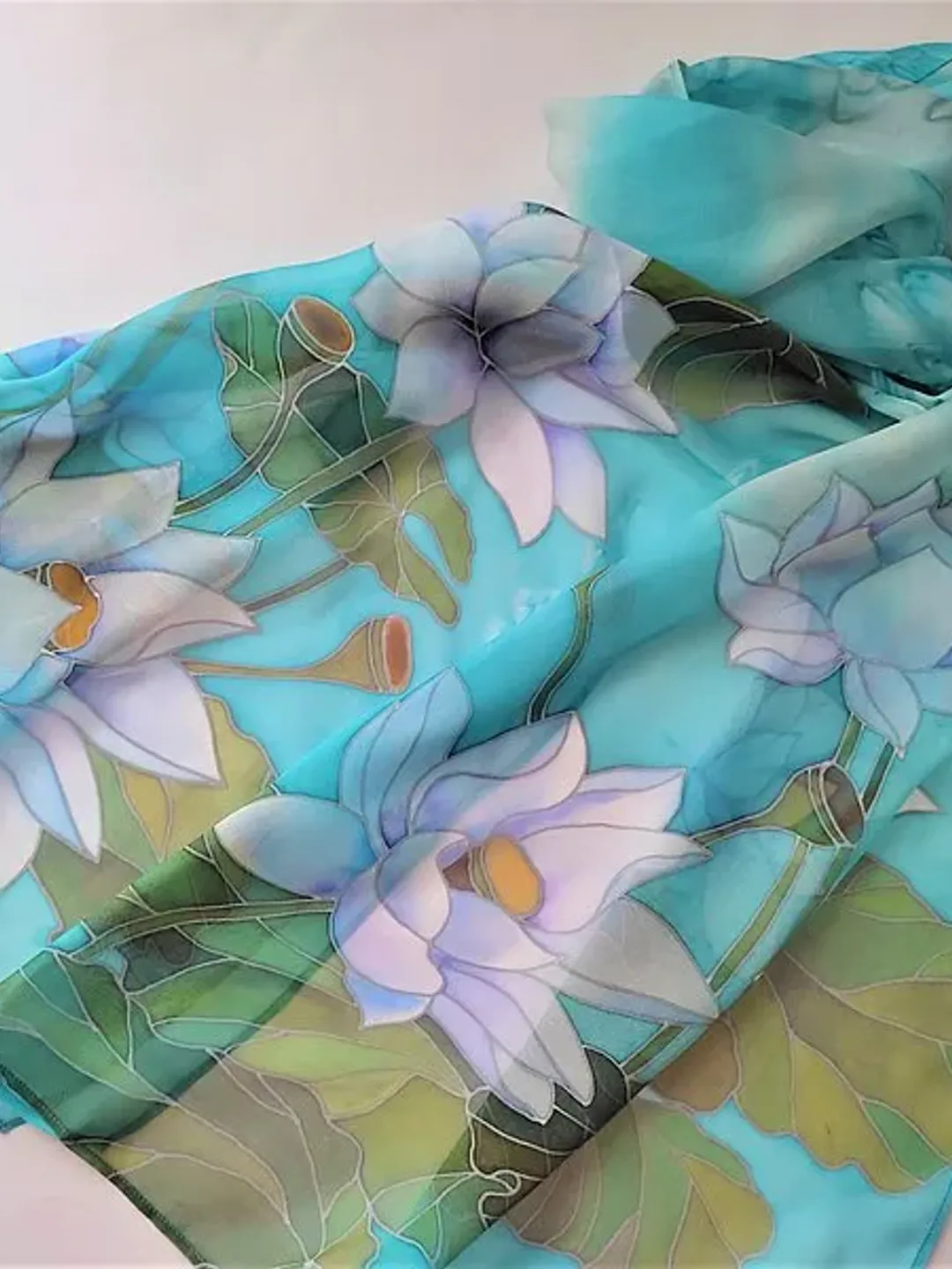 絲巾 Hand-painted silk scarf Floral silk teal blue scarf Lotus silk scarves