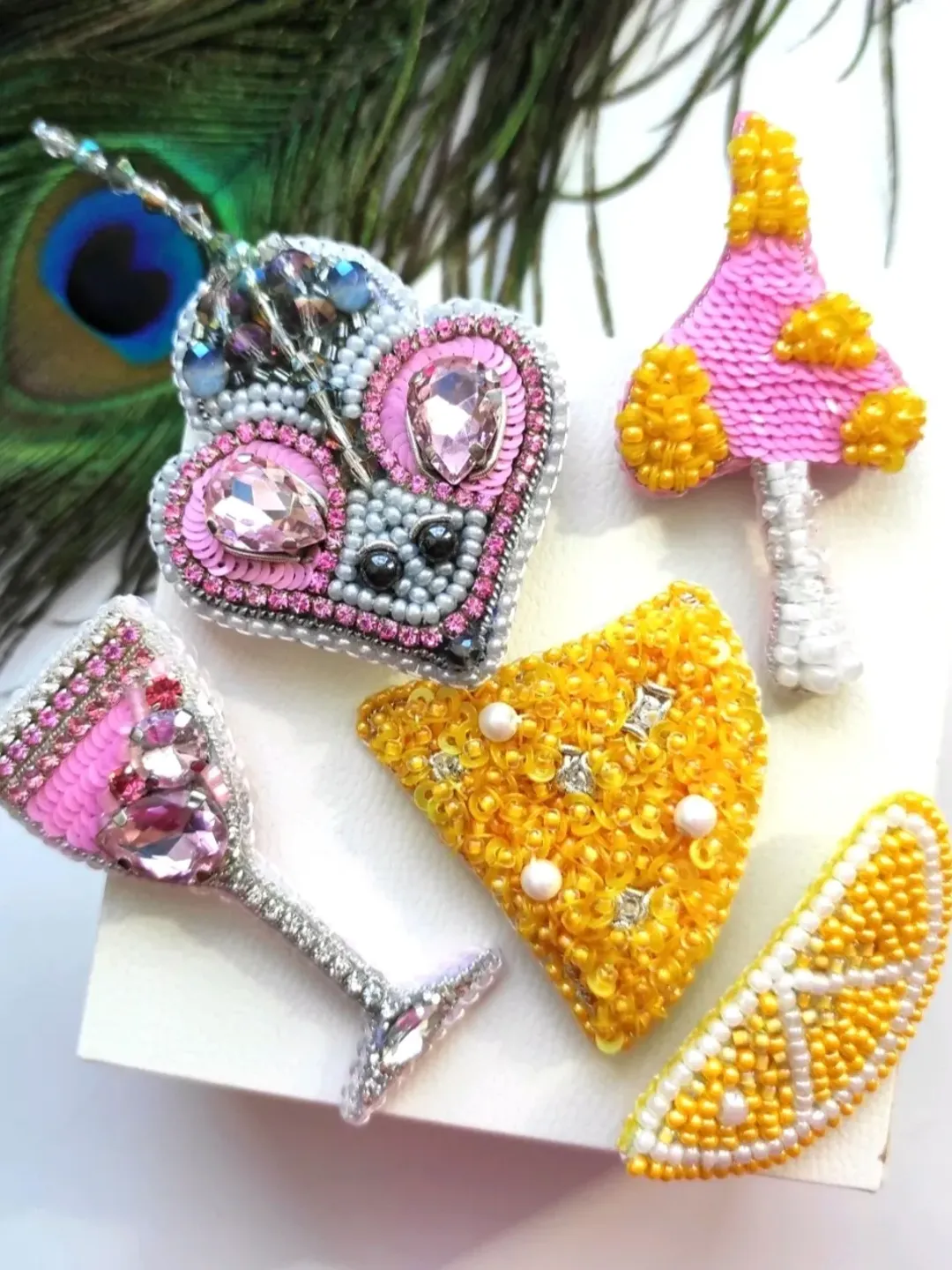 Set of brooches, mouse brooch, glass brooc, cheese brooch, mushroom pin, brooch, beaded brooch, jewelry set