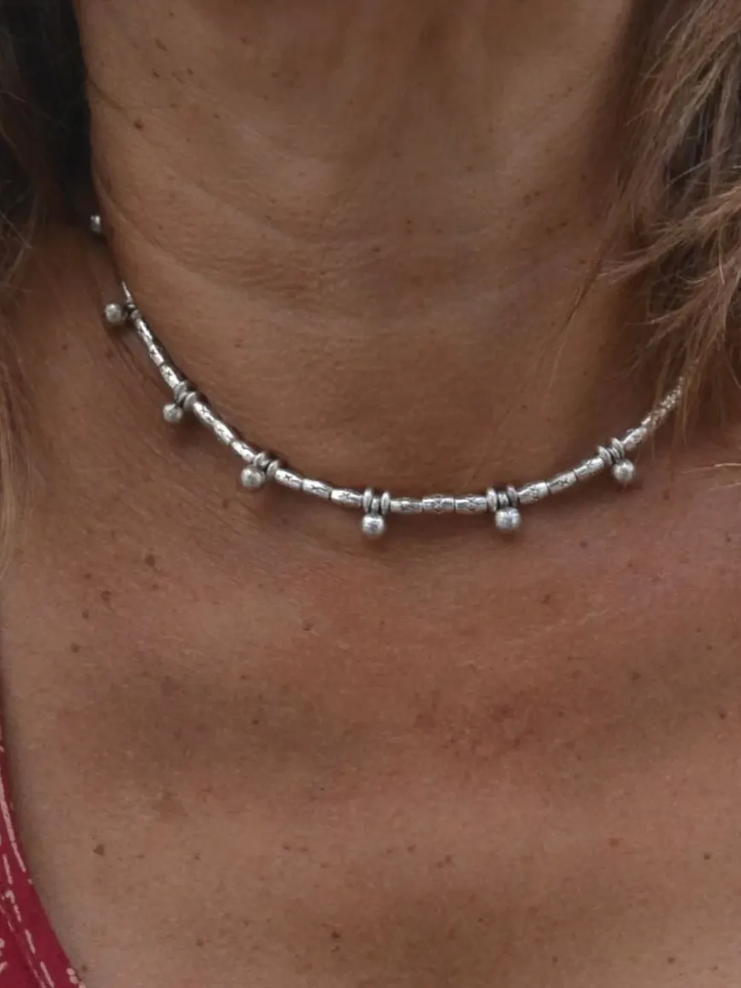 Dainty Silver Drop Charms Necklace for Women, Layering Chunky Beaded Gifts for Her, Silver Geometric Short Choker, Boho Hippie Chich Jewelry