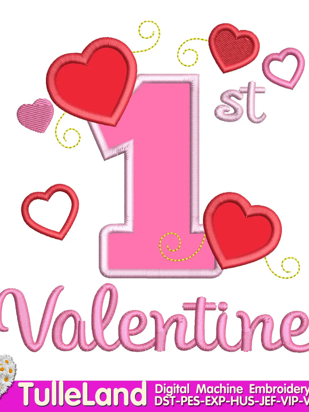 1 st Valentines Day Love Heart Design applique for Machine Embroidery