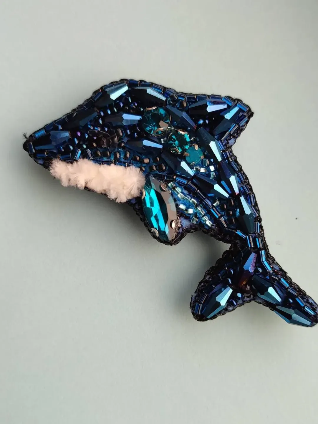 Brooch embroidery Dolphin brooch Embroidered beaded brooch Rhinestone brooch beaded dolphin brooch Embroidered dolphin with blue beads