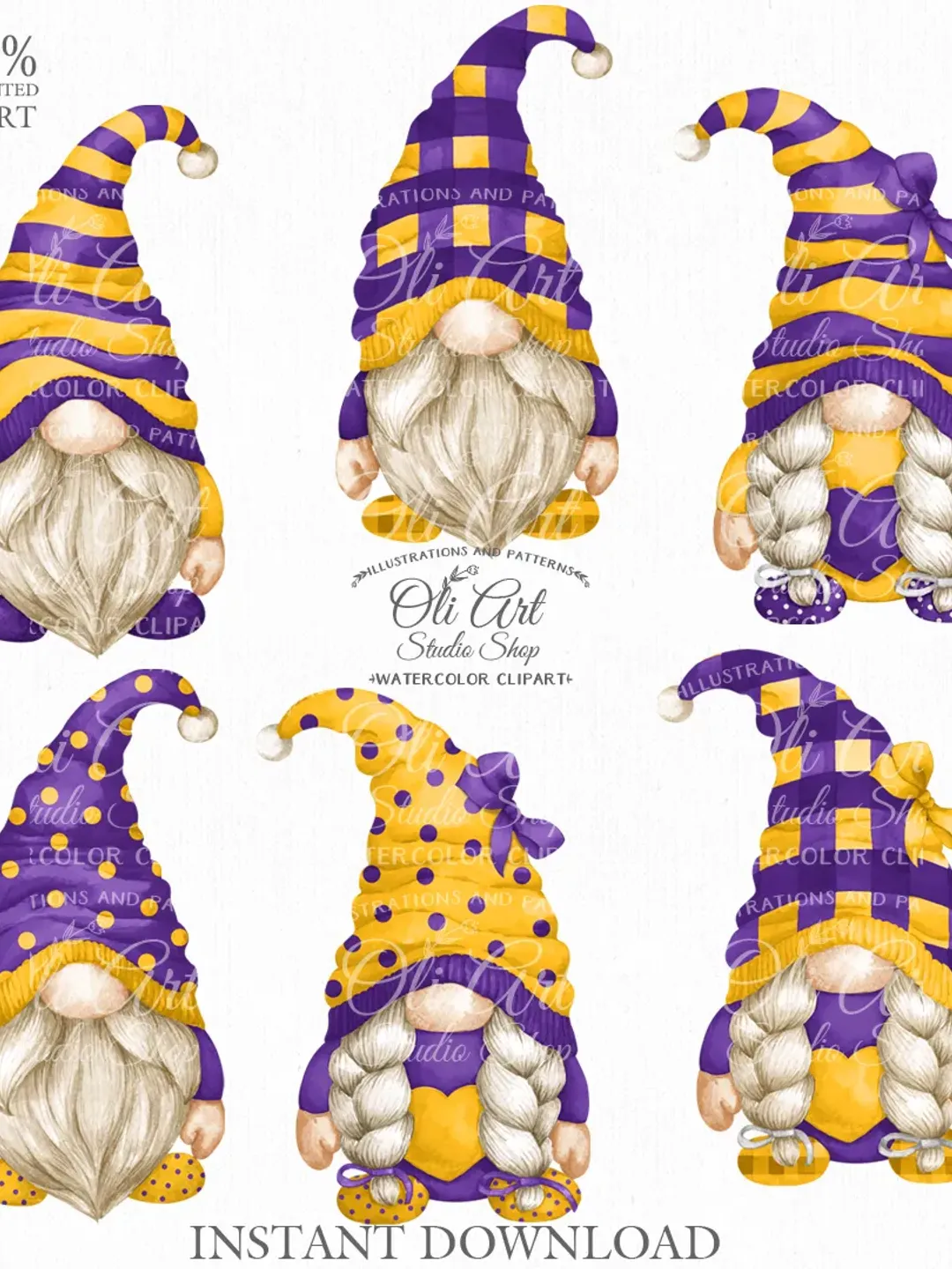 Gnome Clip Art. Cute Characters, Hand Drawn graphics. Digital Download. OliArtStudioShop