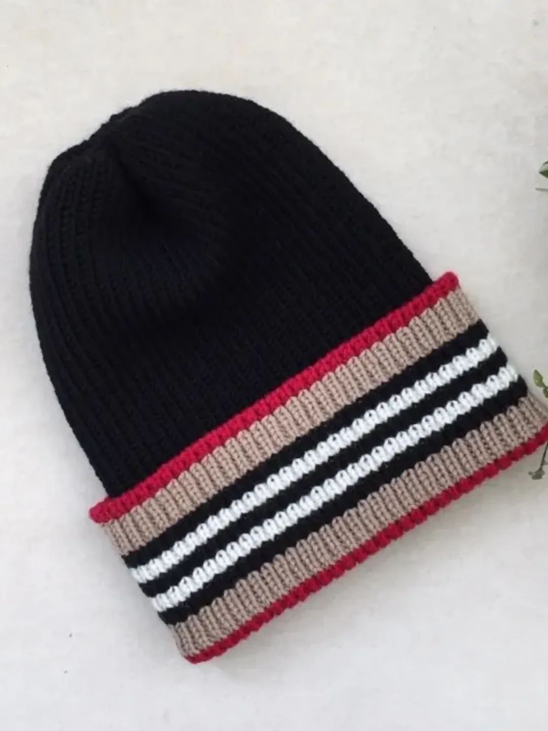 black mens hat with lapel, Striped Wool Beanie for men, hat in the style of Burberry, hat for spring, warm hat for gift