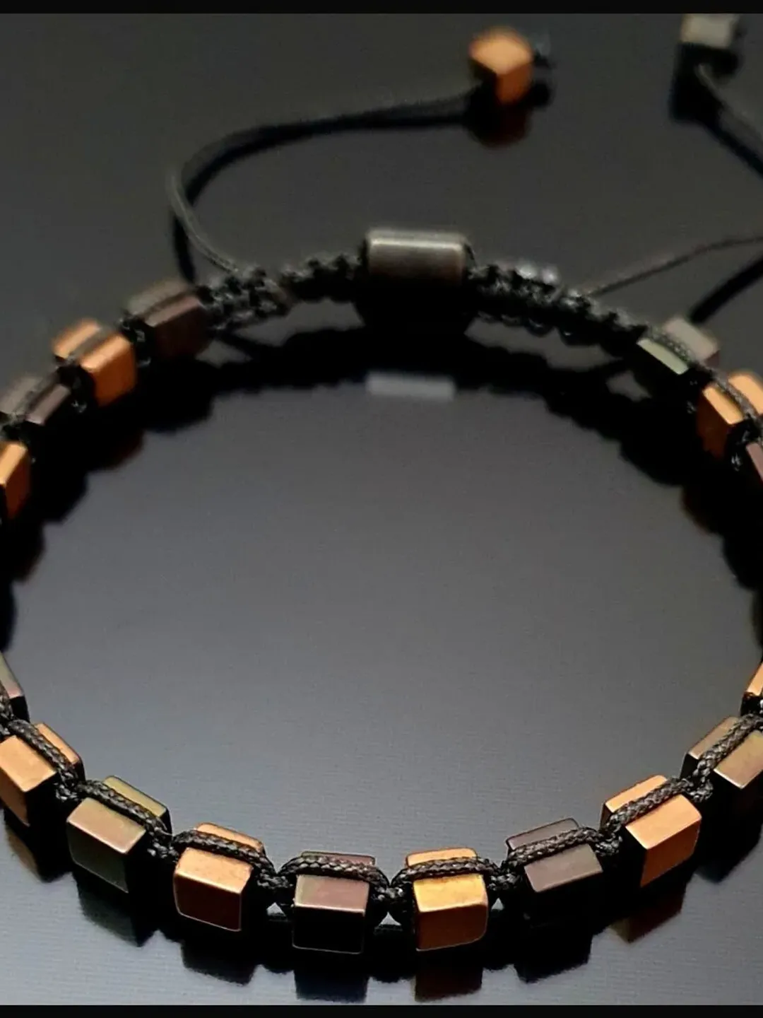 Matte Copper and Brown Hematite Macrame Bracelet, Cube Bead Hematite Gemstone Wristlet, Gifts for Men, Women, Macrame Knitted Arm Band