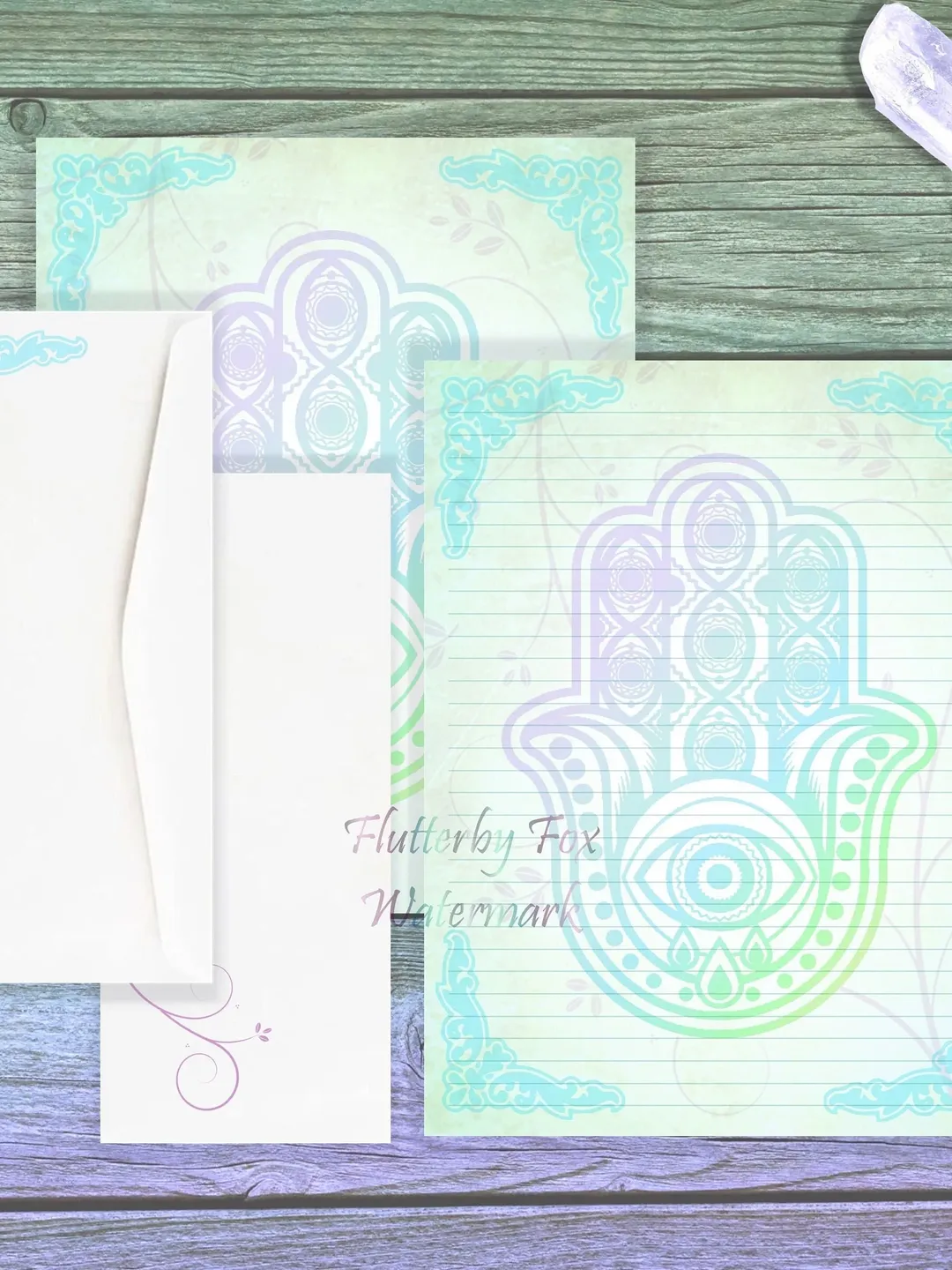 Hamsa Hand Writing Paper Set | Hamsa Stationery Set | Hamsa Talisman Paper | Letter Paper | Junk Journal | Journal Paper | Teal Hamsa Page