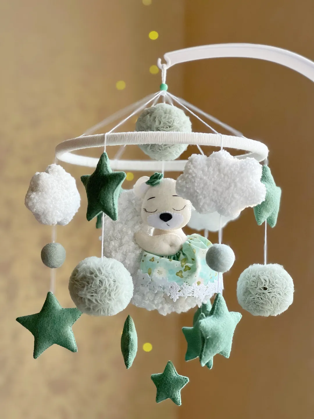 Bear crib mobile girl in green colour