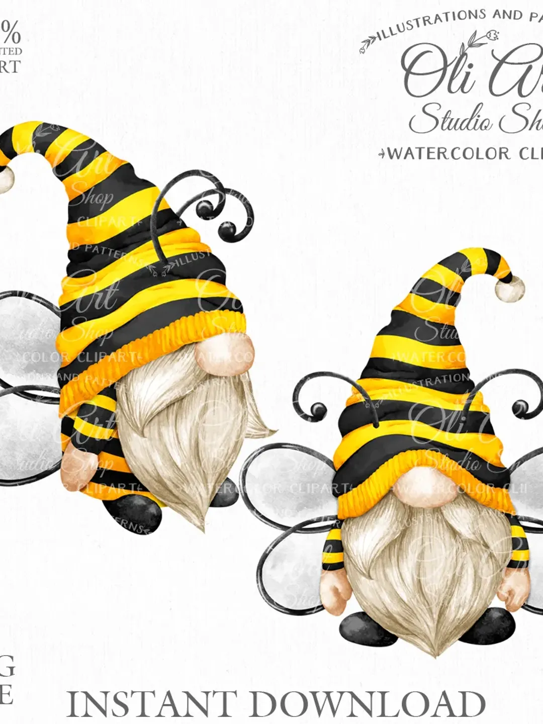 Bee Gnome Clip Art. Cute Characters, Hand Drawn graphics. Digital Download. OliArtStudioShop
