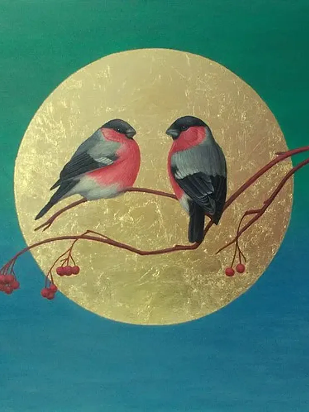 Original painting birds Emerald green painting Pair of bullfinches Gold leaf art