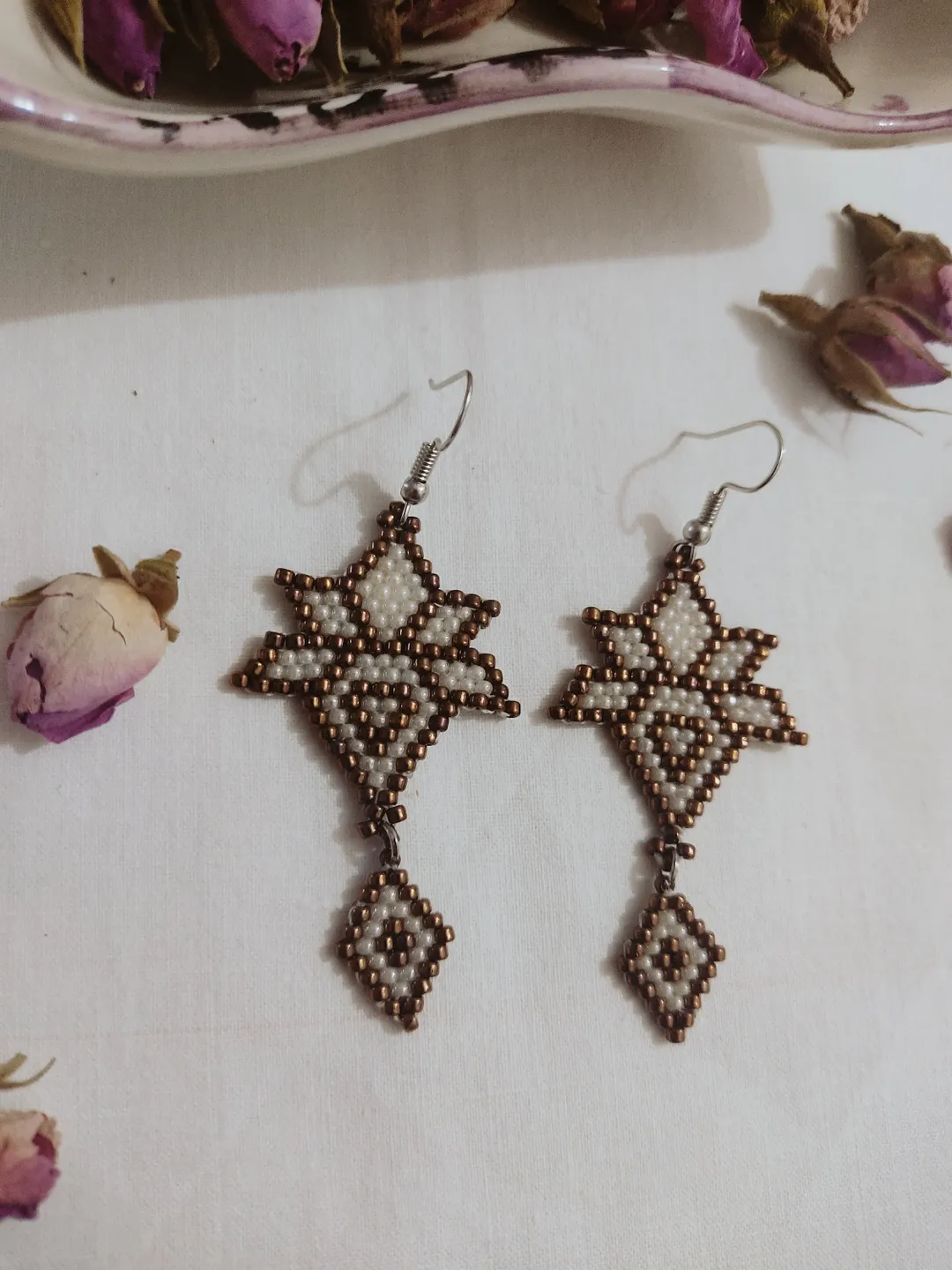 Lotus Bronze Fringe Earrings, Beaded Earrings, White Gold, Chandelier Earrings, Statement earrings,Gift For Her, Seed Bead earring