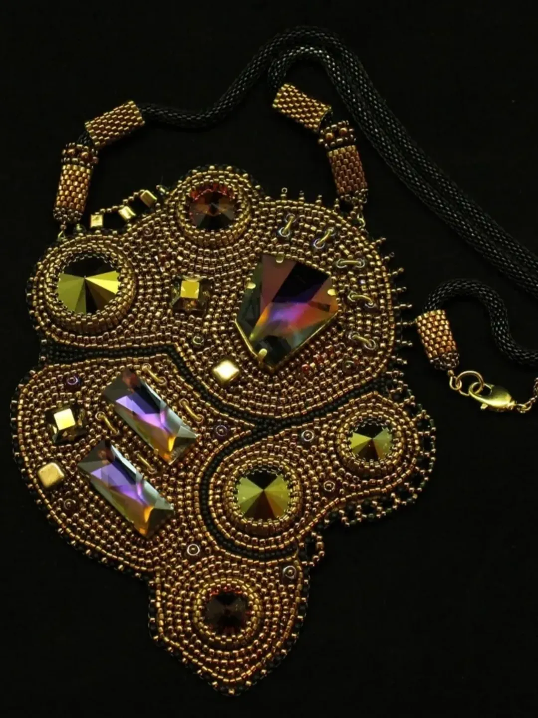 Embroidered necklace crystal pendant beaded necklace boho necklace handmade necklace abstract necklace