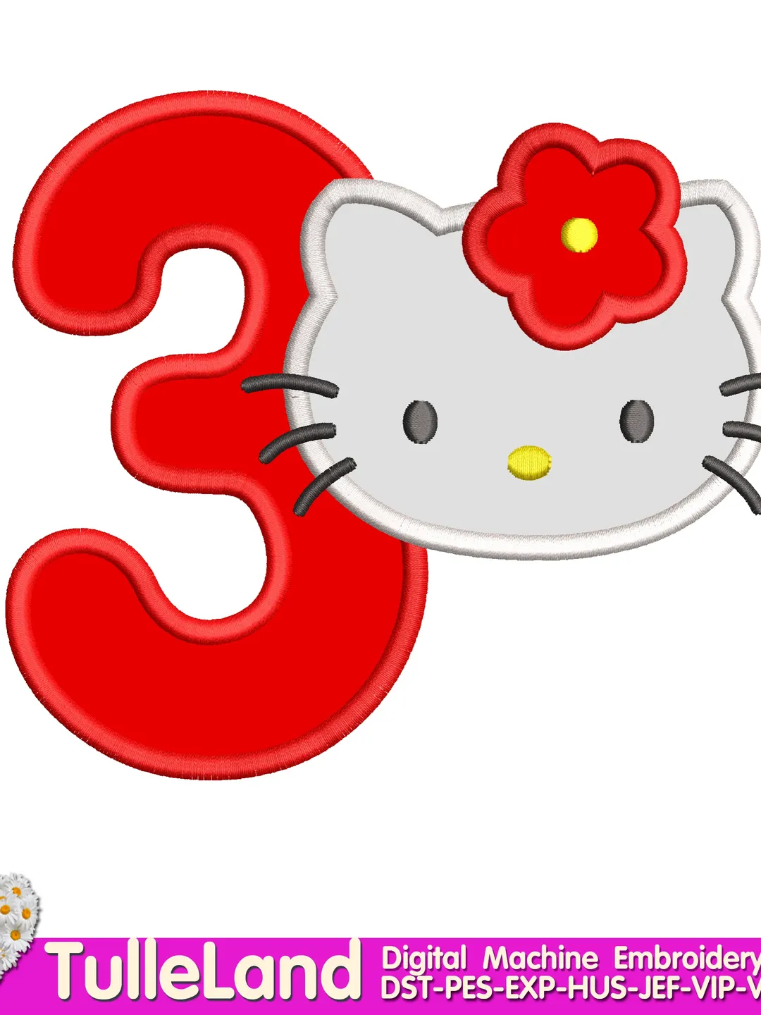 Cat Kitty Birthday tree birthday Girl birthday 3rd birthday cat Design Applique for Machine Embroidery