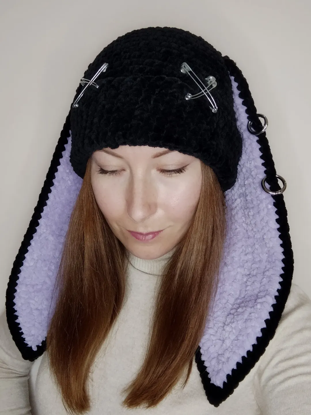 Goth bunny hat with long ears. Black bunny beanie crochet  display picture 1
