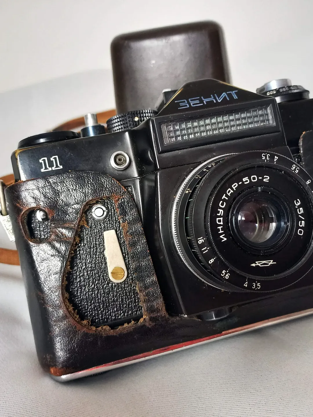 Vintage SLR Camera Zenith 11 Small Format Single Lens Reflex Camera with Lens Industar 50 2 end leather Сase 1982