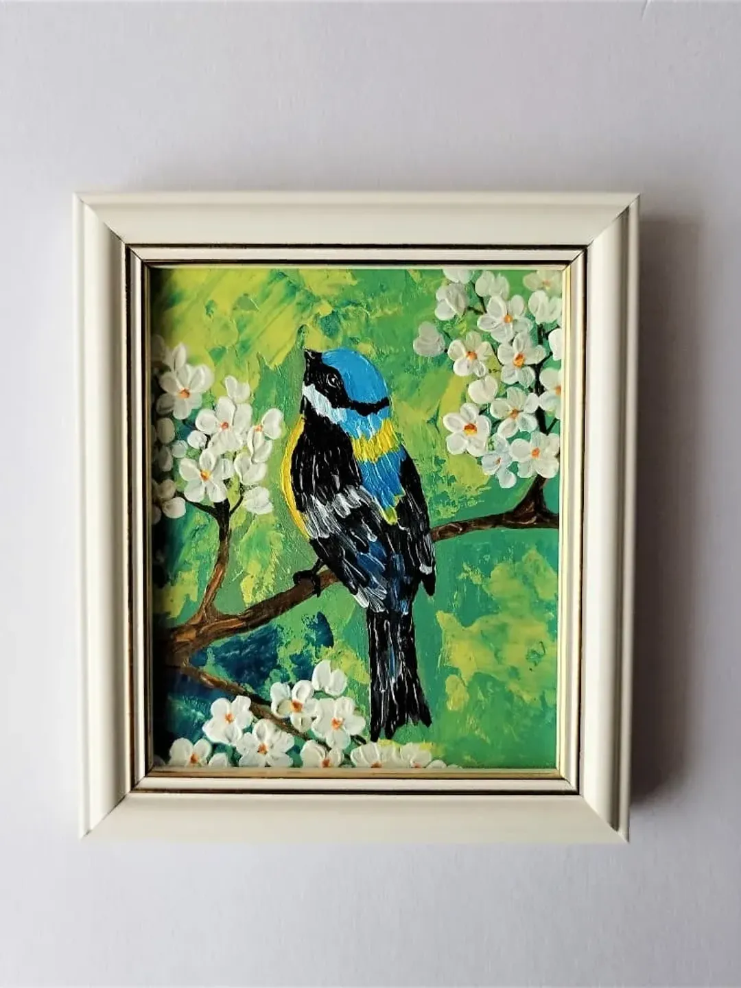 Bird wall art framed, Little bird painting, Small wall decor, Mini painting