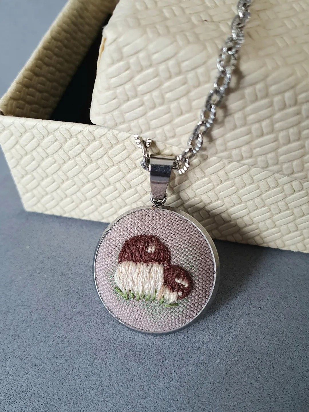 Hand embroidered mushroom on pendant, 4th wedding anniversary gift, custom embroidery bouquet